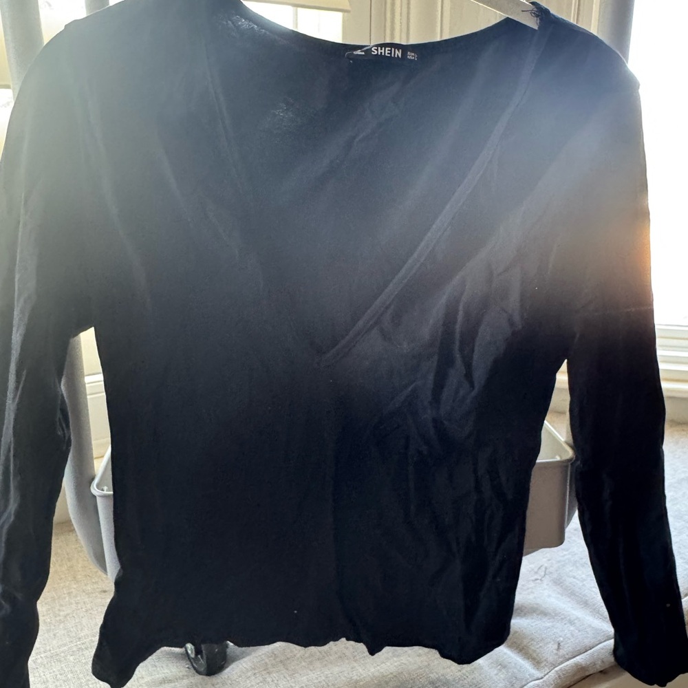 SHEIN Black and White Wrap Blouse Long Sleeve